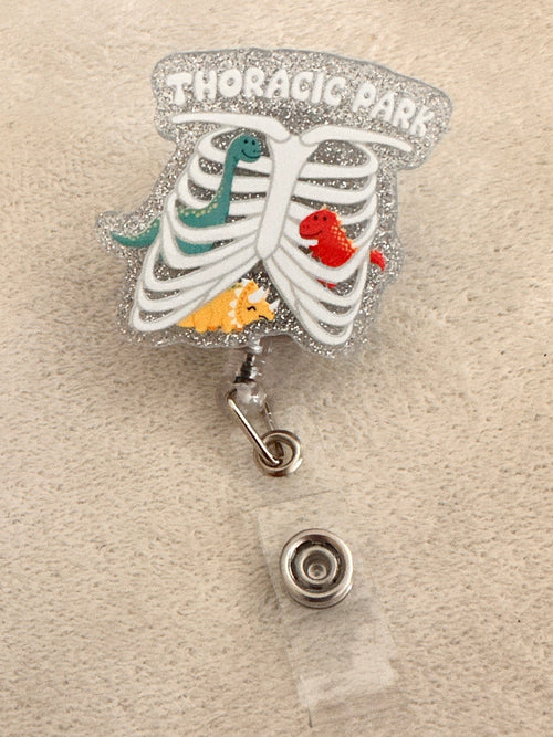 Thoracic cage diagram badge holder with colorful animals on a beige background